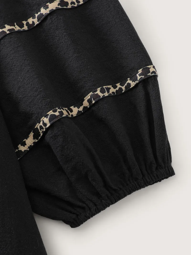 Cotton Leopard Print Notched Collar Midi Dress