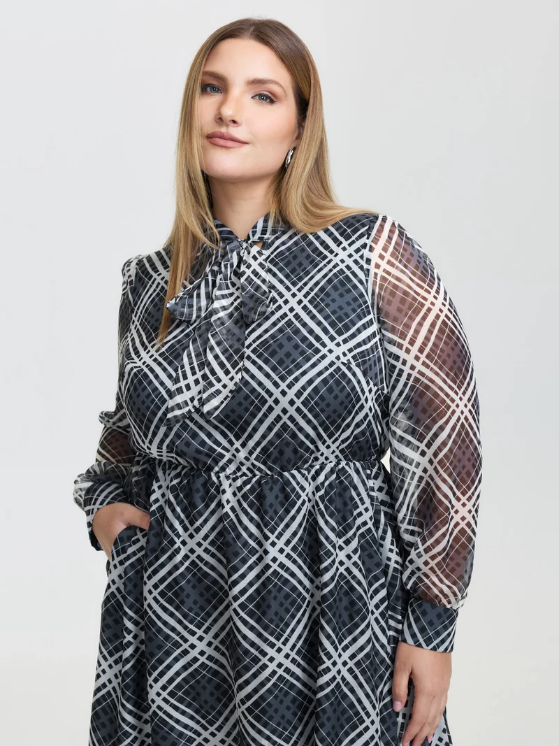 Plaid Print Sheer Mesh Neck Tie Midi Dress