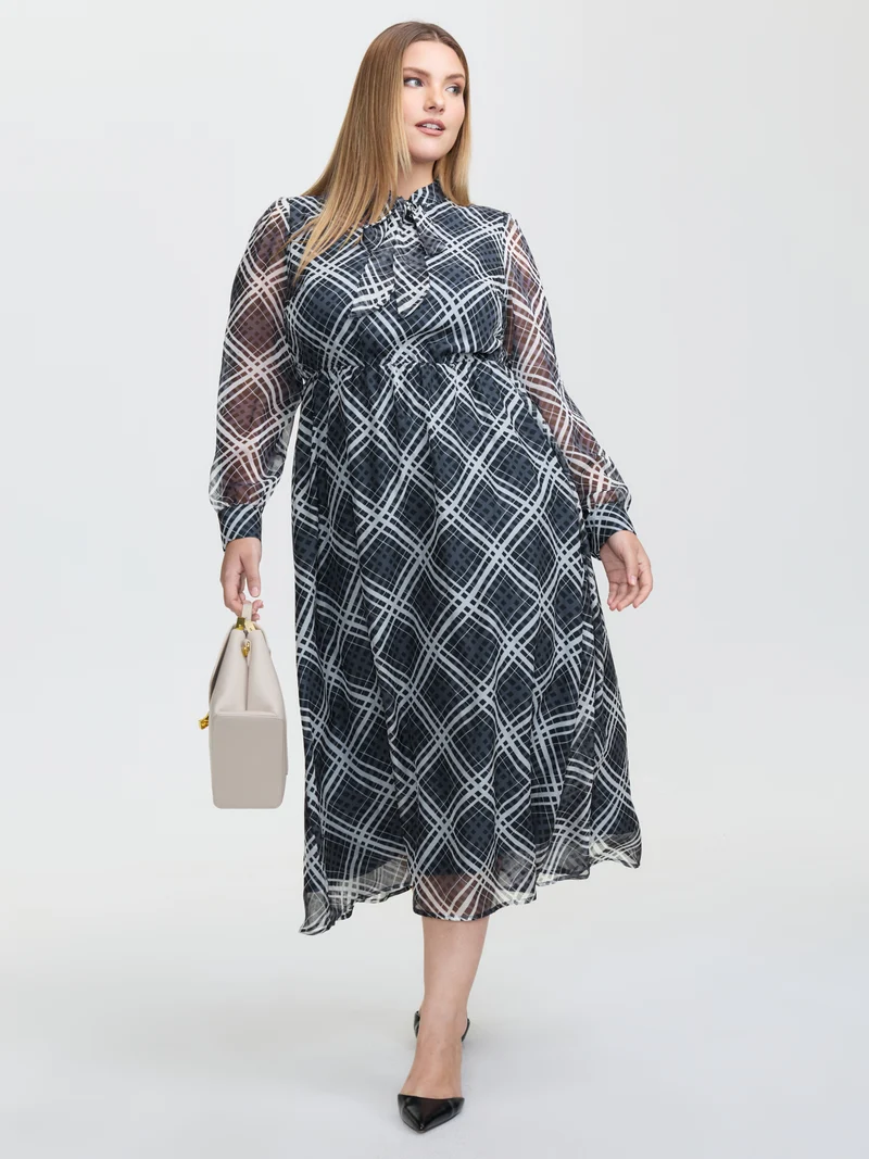 Plaid Print Sheer Mesh Neck Tie Midi Dress
