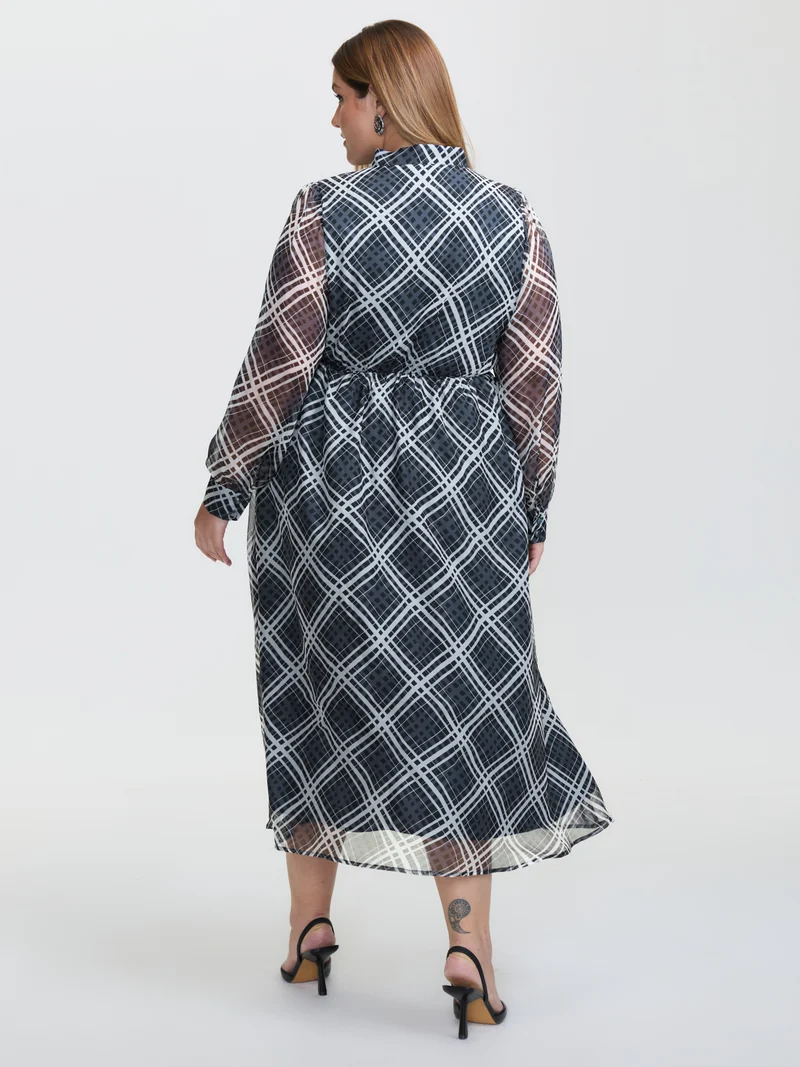 Plaid Print Sheer Mesh Neck Tie Midi Dress