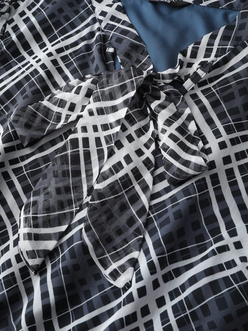 Plaid Print Sheer Mesh Neck Tie Midi Dress