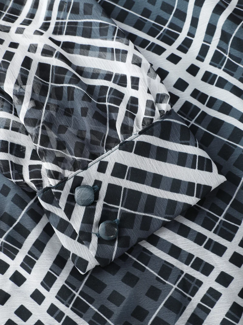 Plaid Print Sheer Mesh Neck Tie Midi Dress