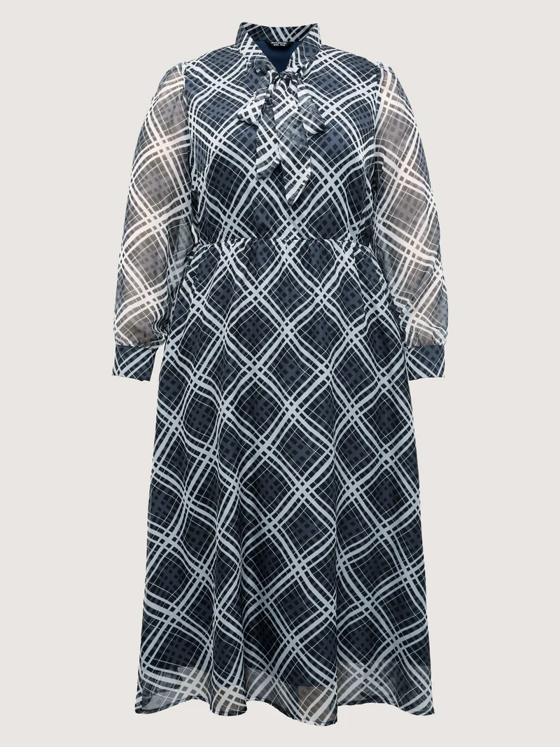 Plaid Print Sheer Mesh Neck Tie Midi Dress