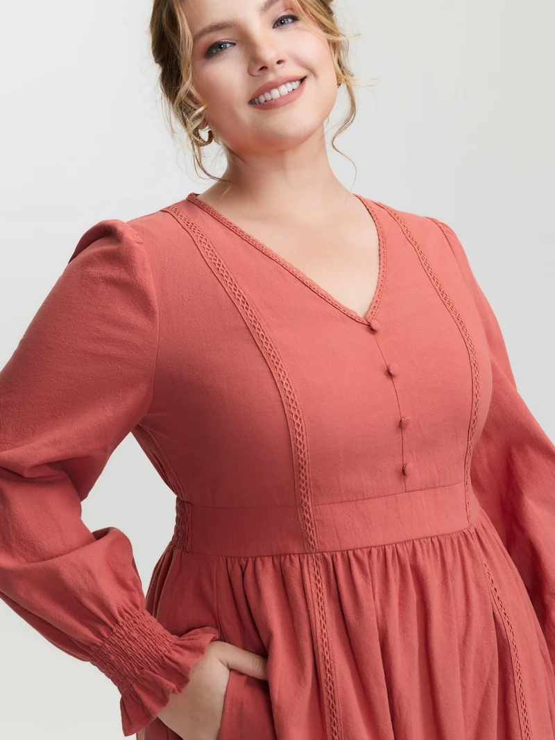 Pure Cotton Lace Trim Knee-Length Dress