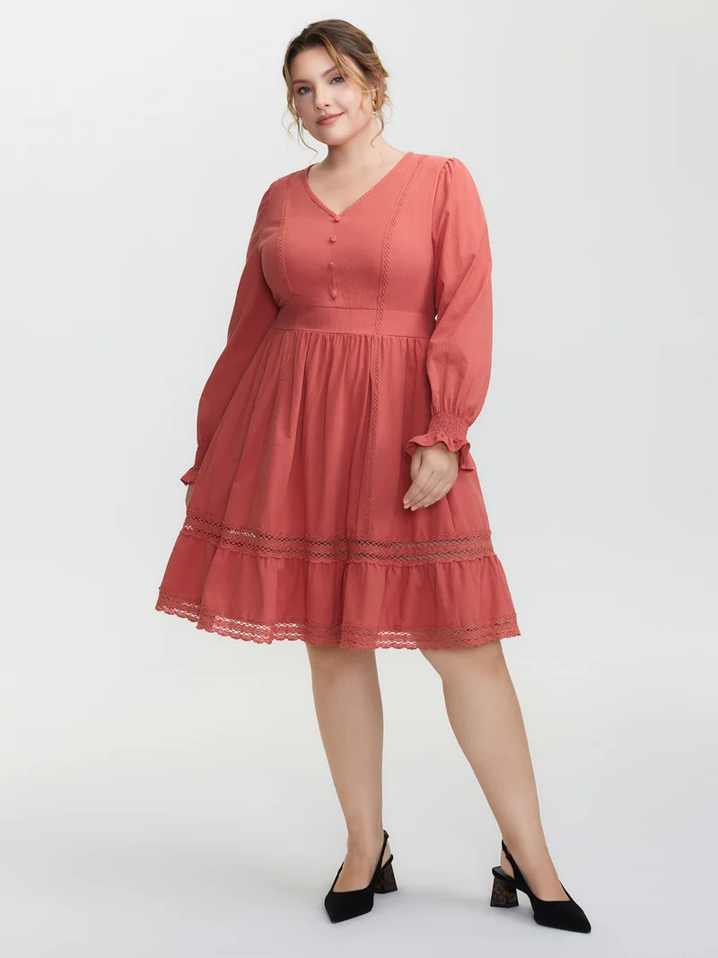 Pure Cotton Lace Trim Knee-Length Dress
