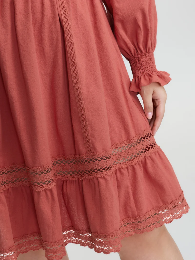 Pure Cotton Lace Trim Knee-Length Dress