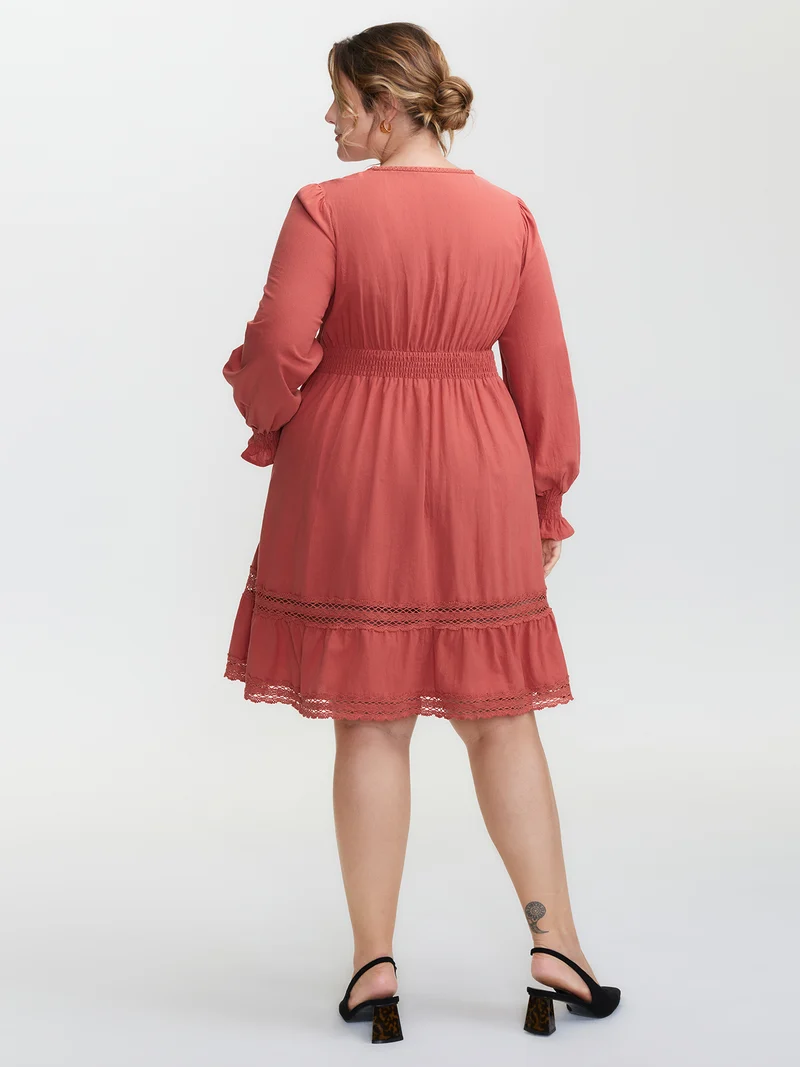 Pure Cotton Lace Trim Knee-Length Dress