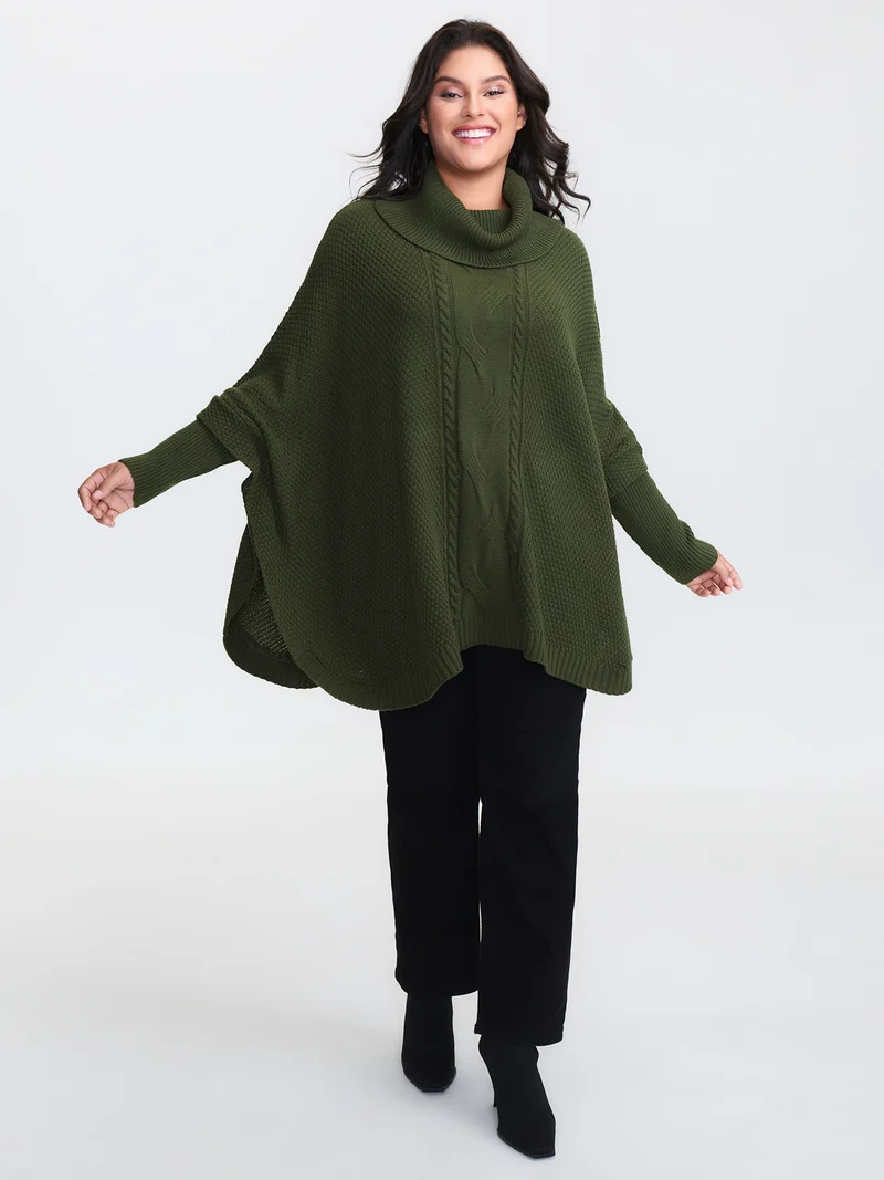 Cableknit Turtleneck Flowy Hem Pullover