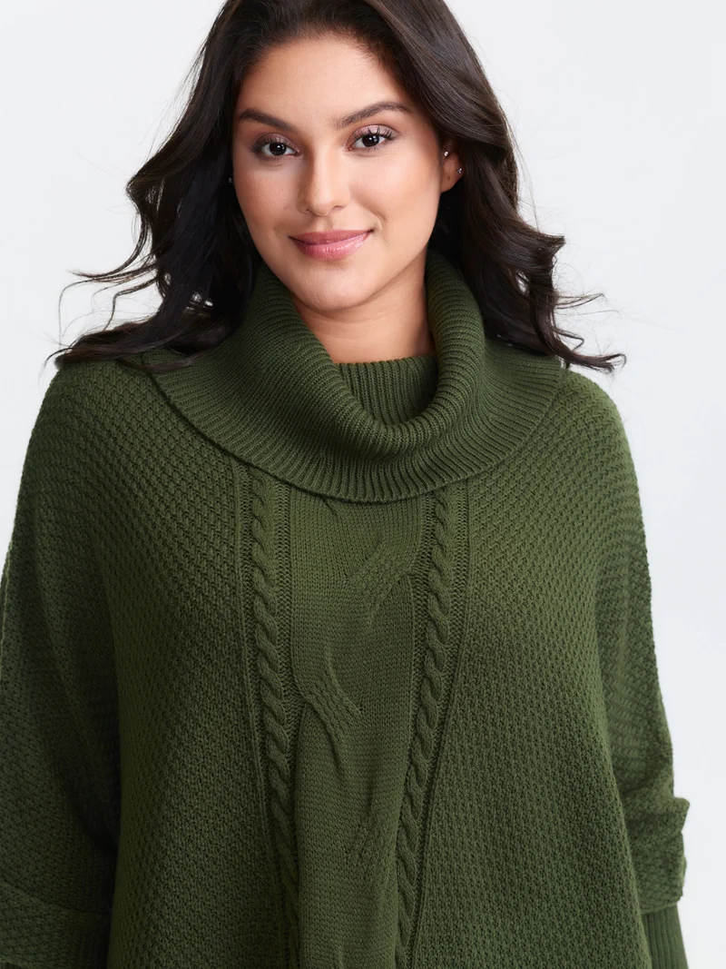Cableknit Turtleneck Flowy Hem Pullover