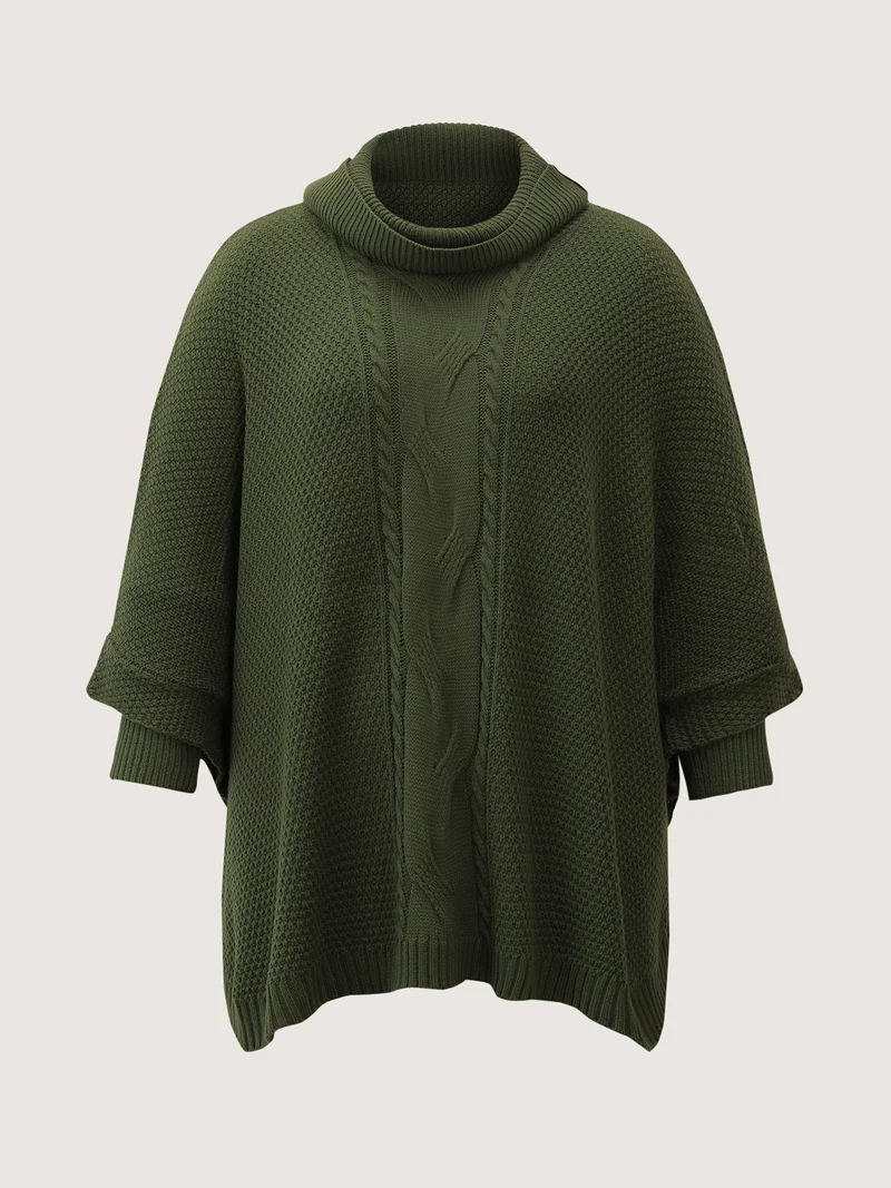 Cableknit Turtleneck Flowy Hem Pullover