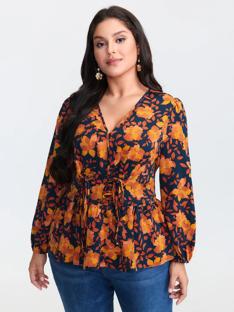 Crisp Leaf Print Shirred Waist Blouse