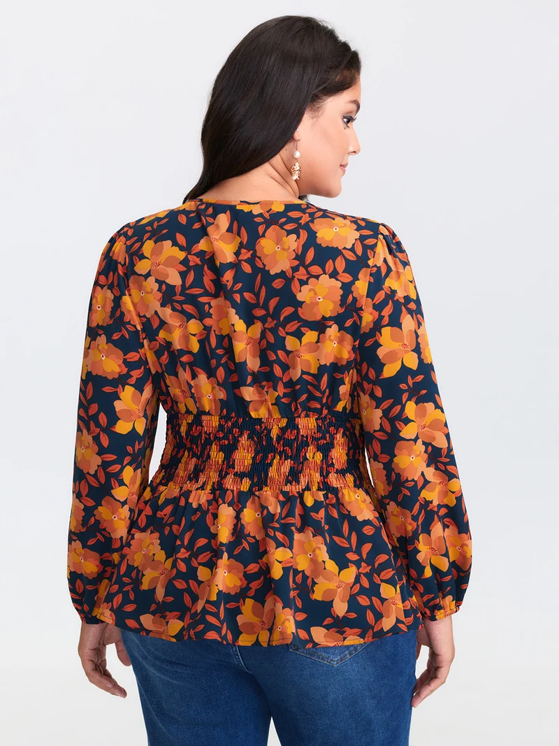 Crisp Leaf Print Shirred Waist Blouse