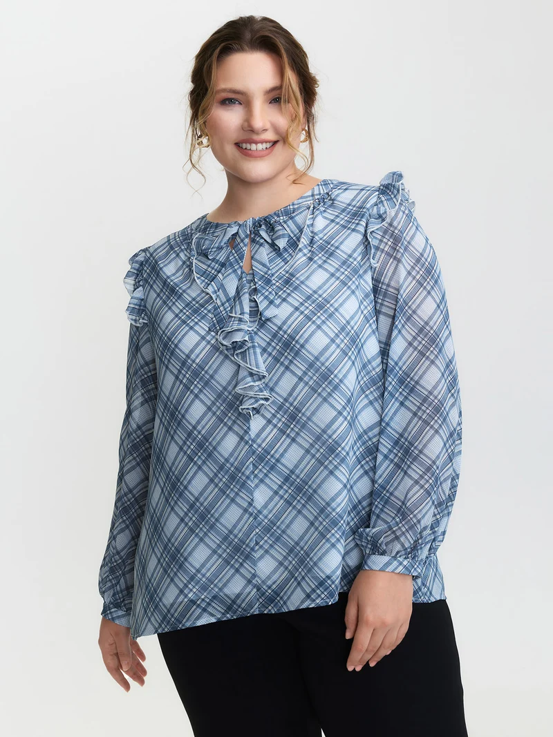 Plaid Print Sheer Ruffled Blouse
