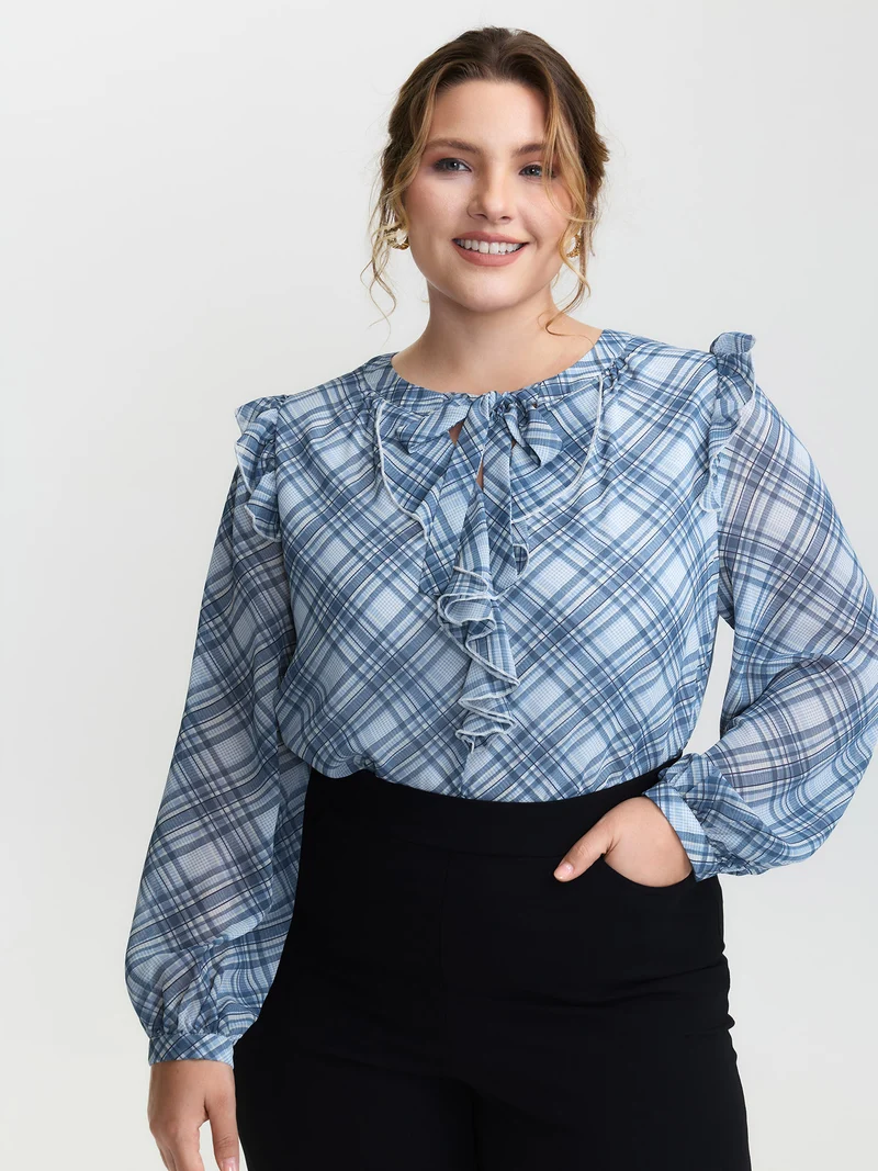 Plaid Print Sheer Ruffled Blouse