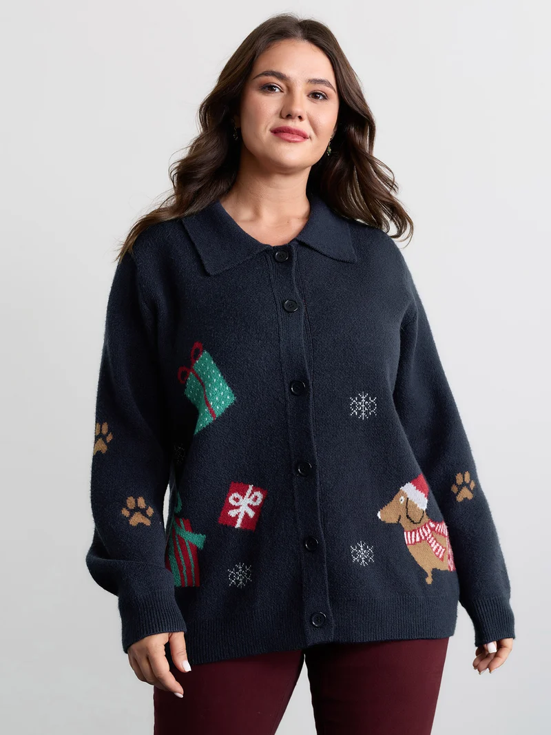Holiday Pattern Collar Button Knit Cardigan