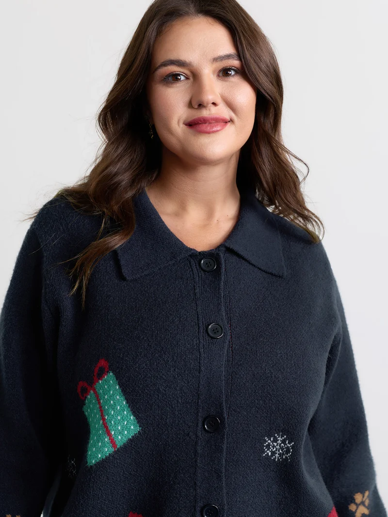 Holiday Pattern Collar Button Knit Cardigan