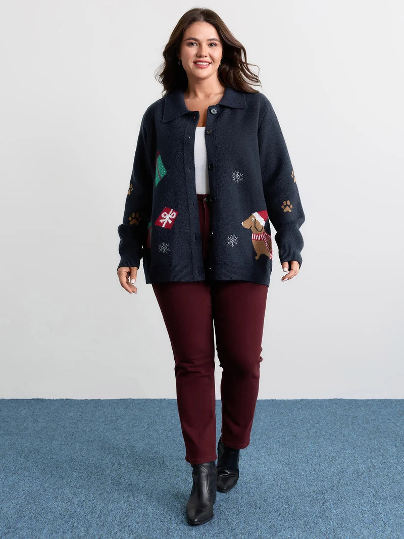 Holiday Pattern Collar Button Knit Cardigan