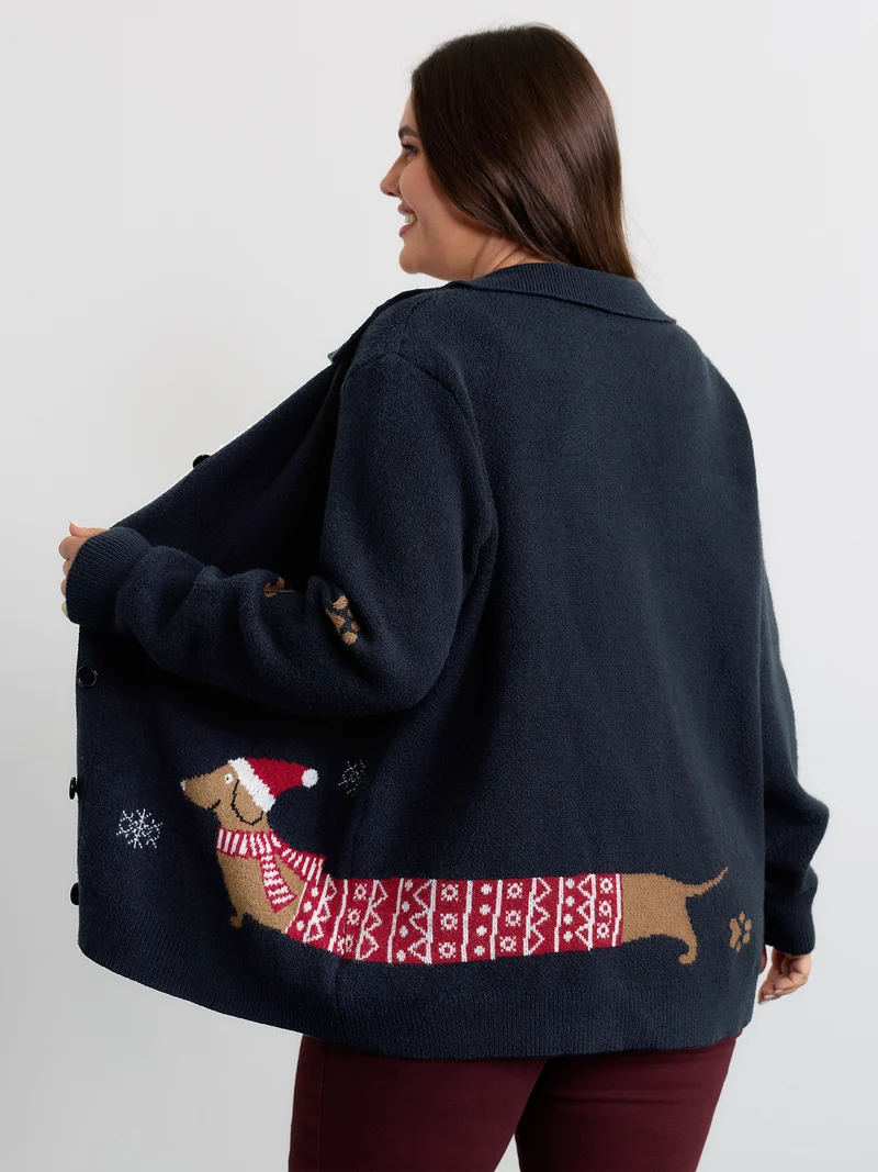 Holiday Pattern Collar Button Knit Cardigan