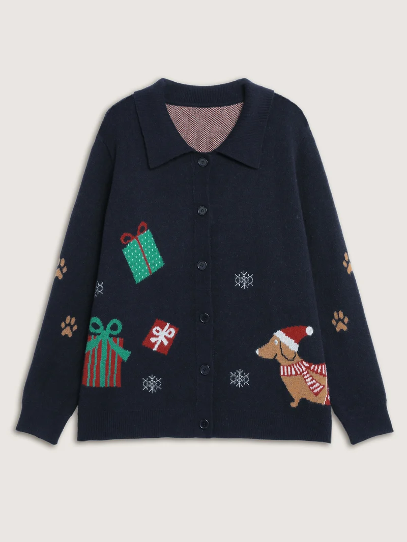 Holiday Pattern Collar Button Knit Cardigan