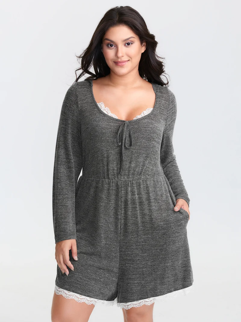 Stretchy Color Contrast Lace Trim Sleep Romper