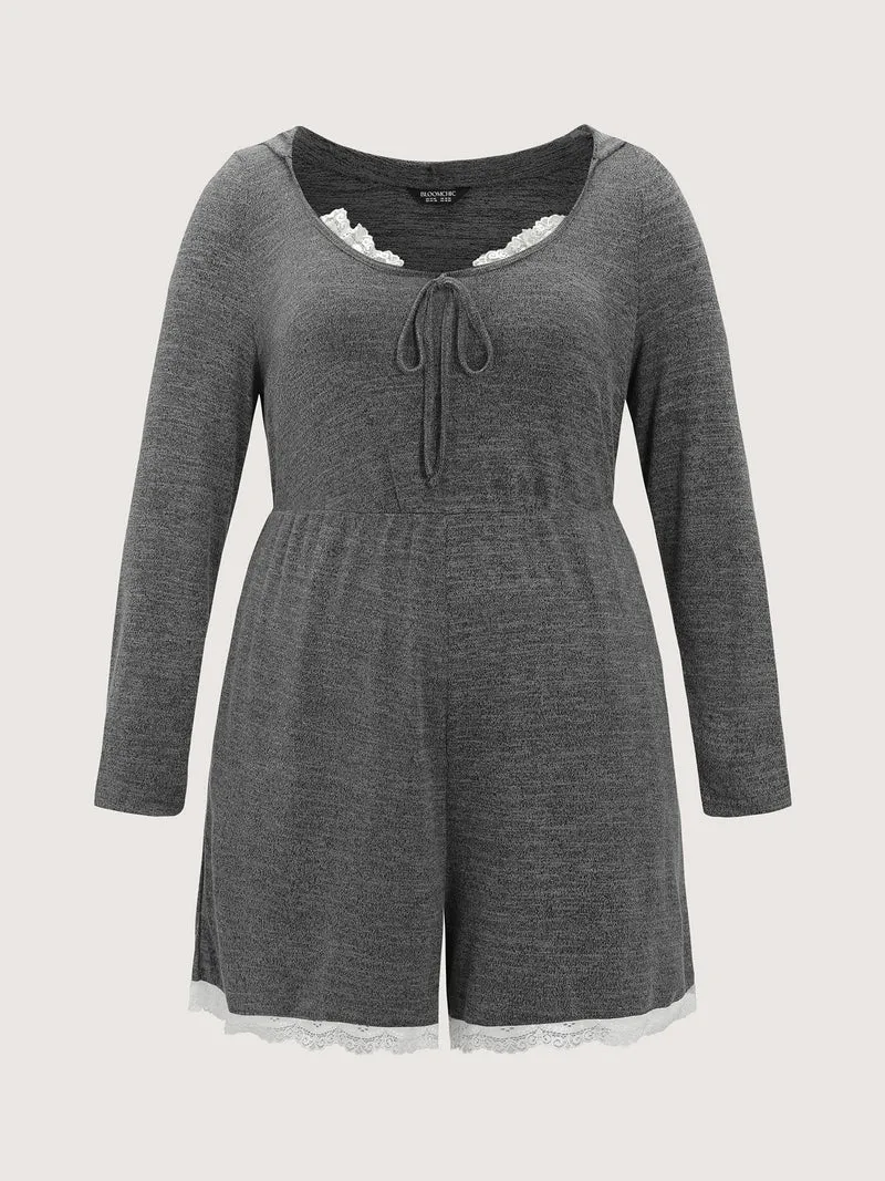 Stretchy Color Contrast Lace Trim Sleep Romper