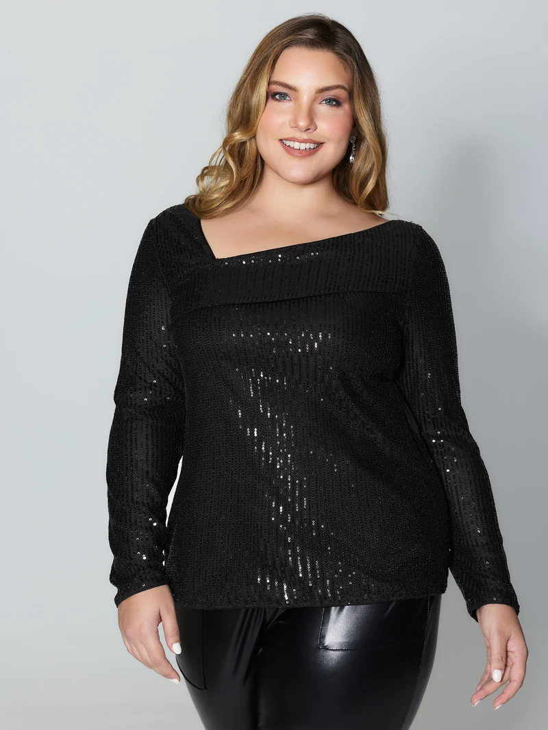 Sparkly Sequin Asymmetrical Neckline Blouse