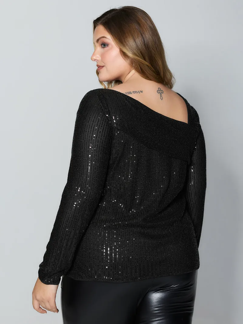 Sparkly Sequin Asymmetrical Neckline Blouse