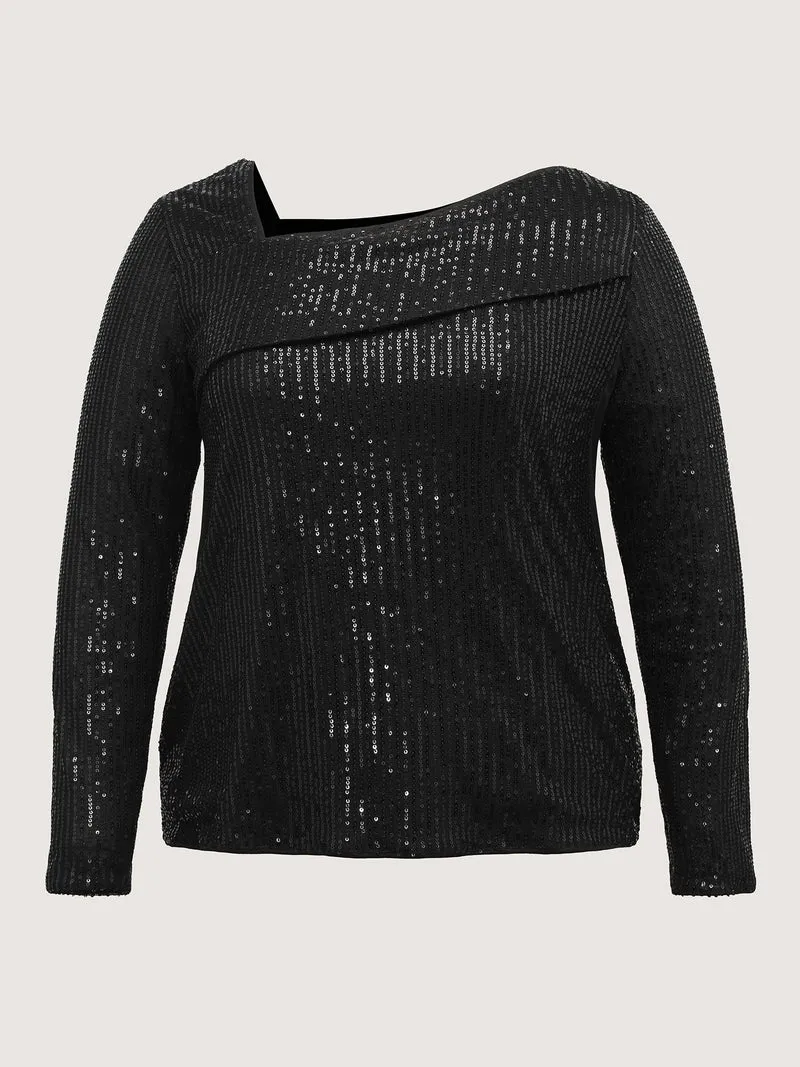 Sparkly Sequin Asymmetrical Neckline Blouse
