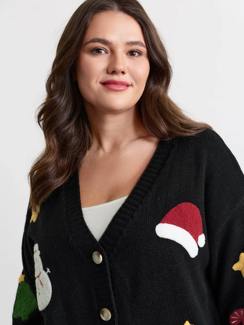 Gingerbread Santa Embroidery Knit Cardigan