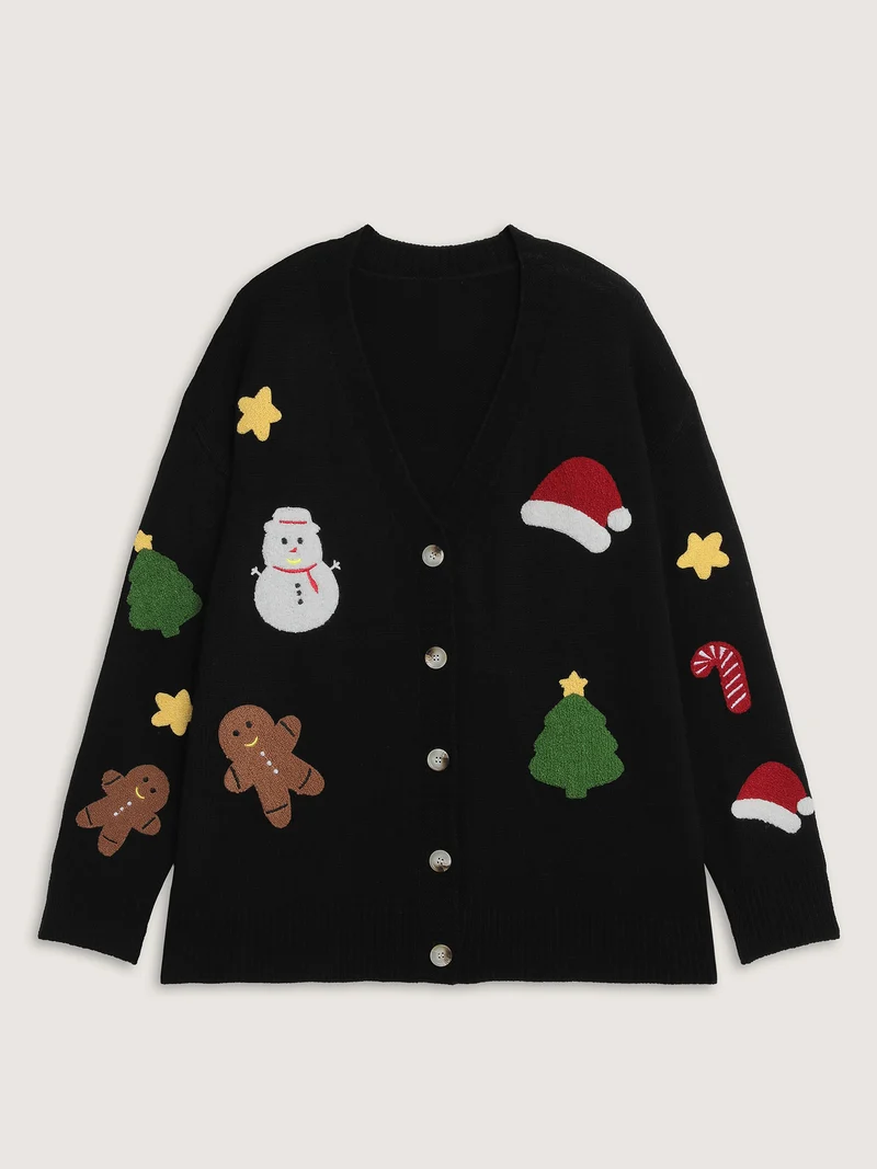 Gingerbread Santa Embroidery Knit Cardigan