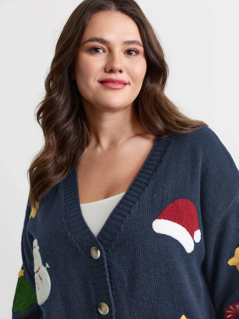 Gingerbread Santa Embroidery Knit Cardigan