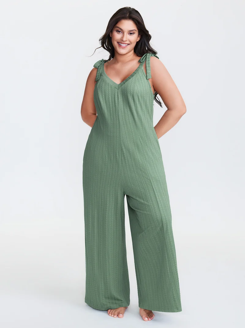 Twist Textured Shoulder Tie Lounge Jumpsuit