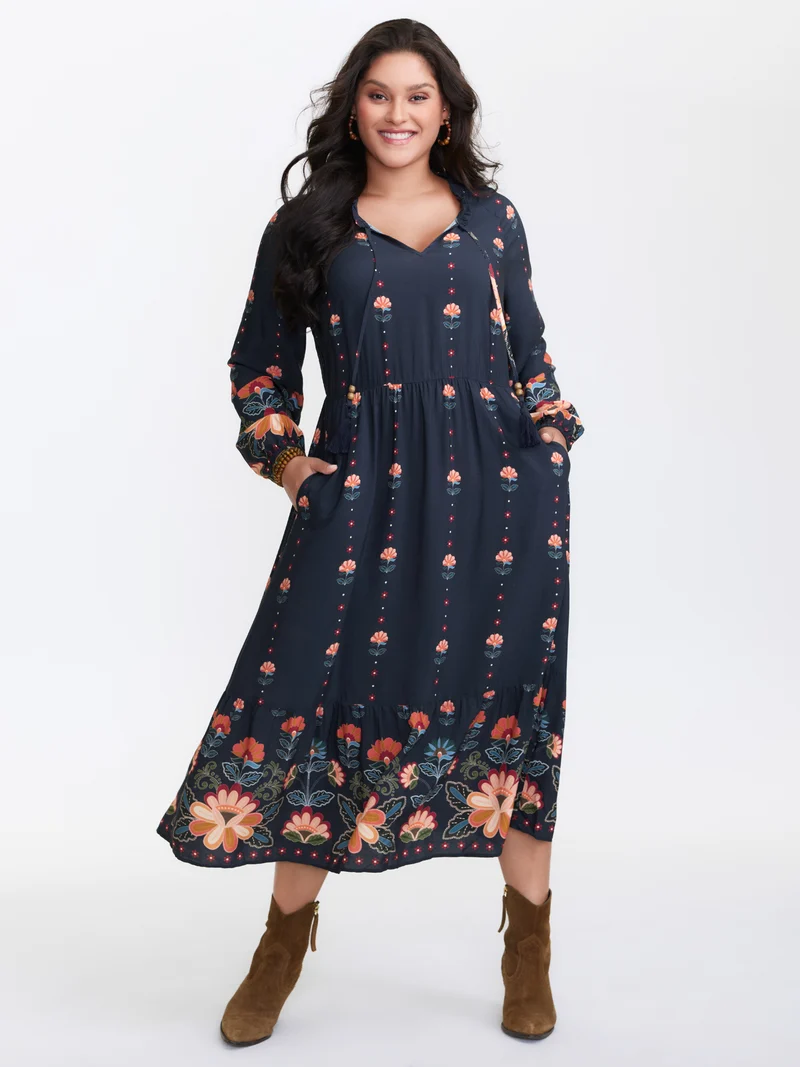 Boho Print Neck Tie Maxi Dress