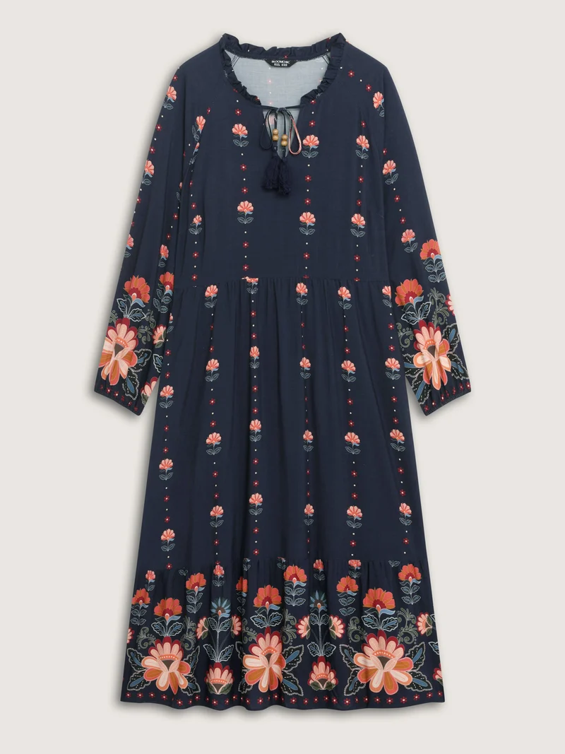 Boho Print Neck Tie Maxi Dress