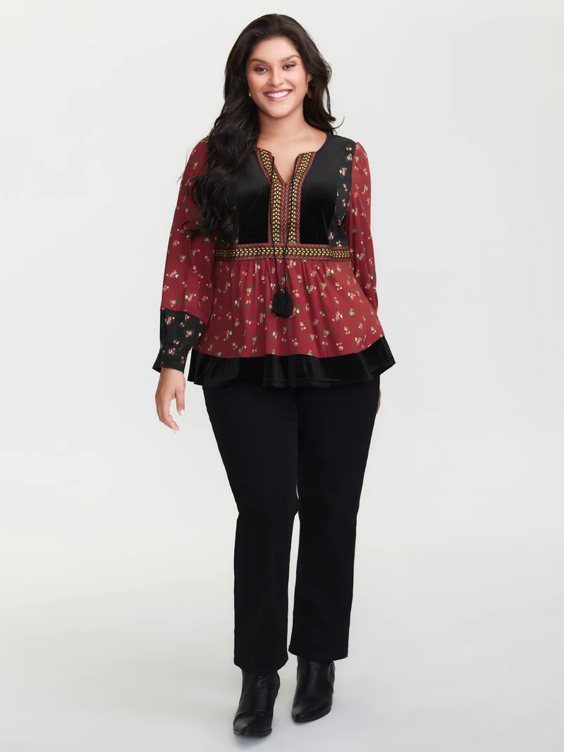 Floral Print Color Contrast Tie Blouse