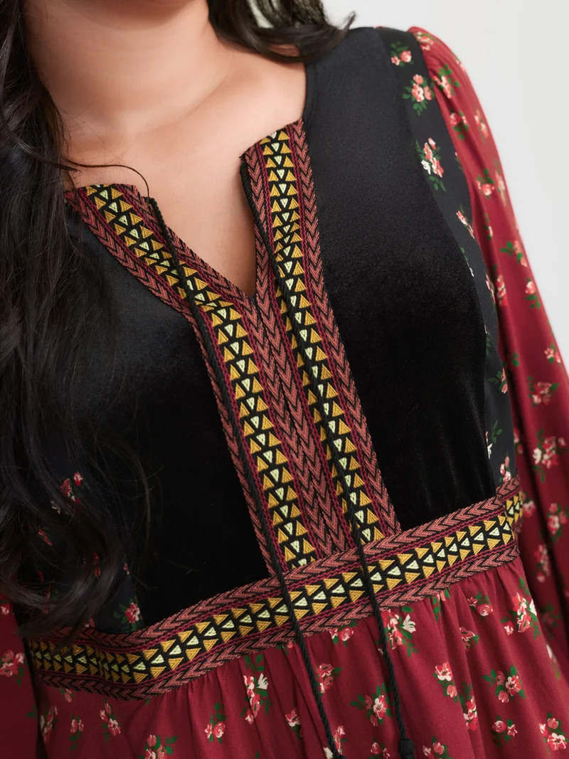 Floral Print Color Contrast Tie Blouse