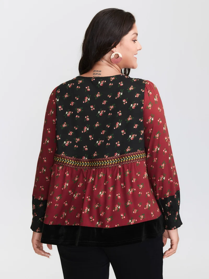 Floral Print Color Contrast Tie Blouse