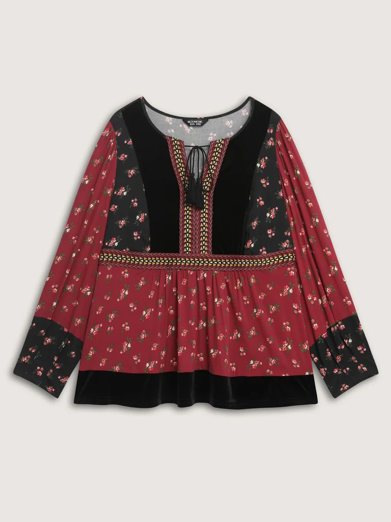 Floral Print Color Contrast Tie Blouse