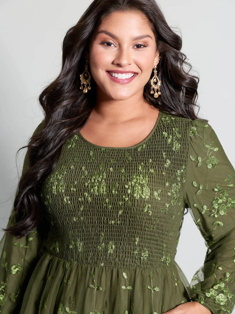 Floral Embroidered Shirred Lined Midi Dress
