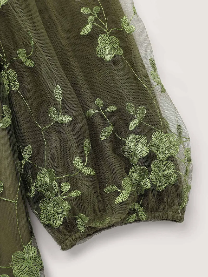 Floral Embroidered Shirred Lined Midi Dress