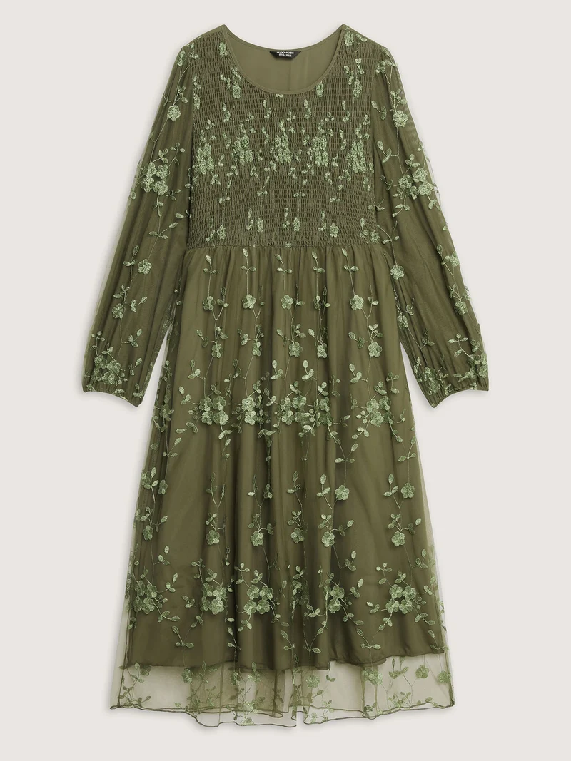 Floral Embroidered Shirred Lined Midi Dress