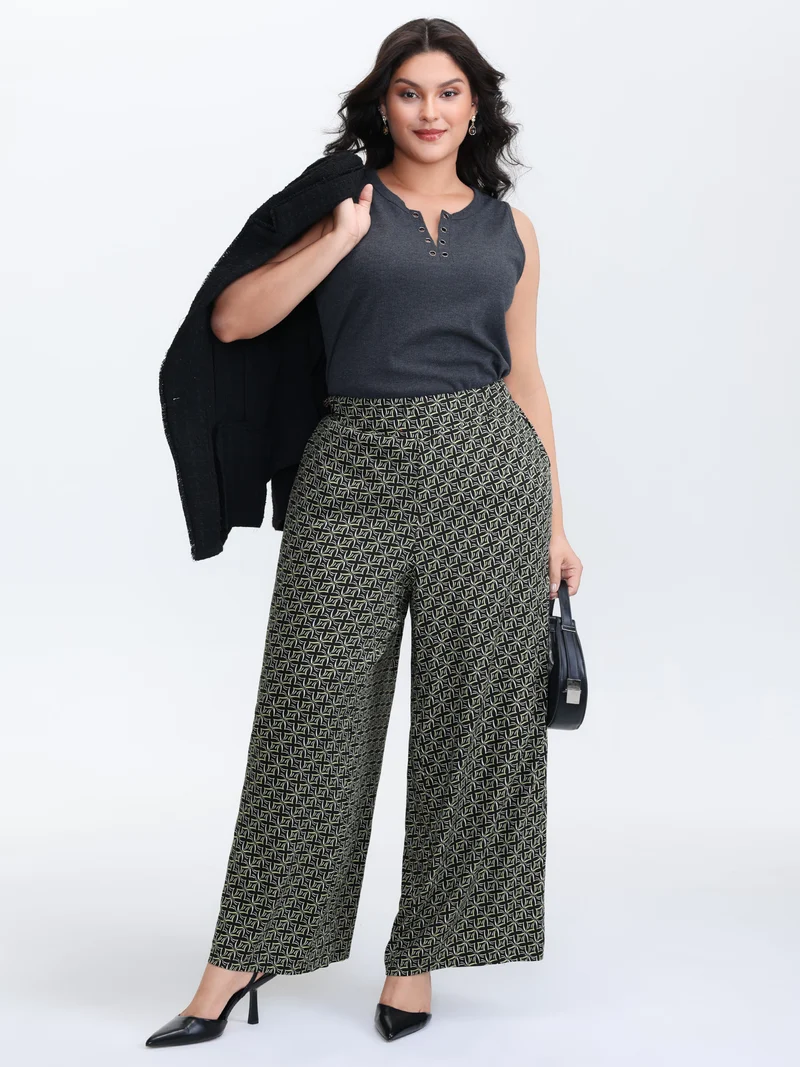 Geometric Print Stretchy Waist Wide-Leg Pants
