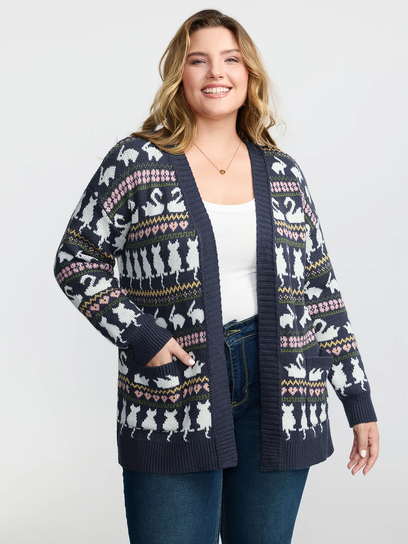 Animal Jacquard Pattern Pockets Knit Cardigan