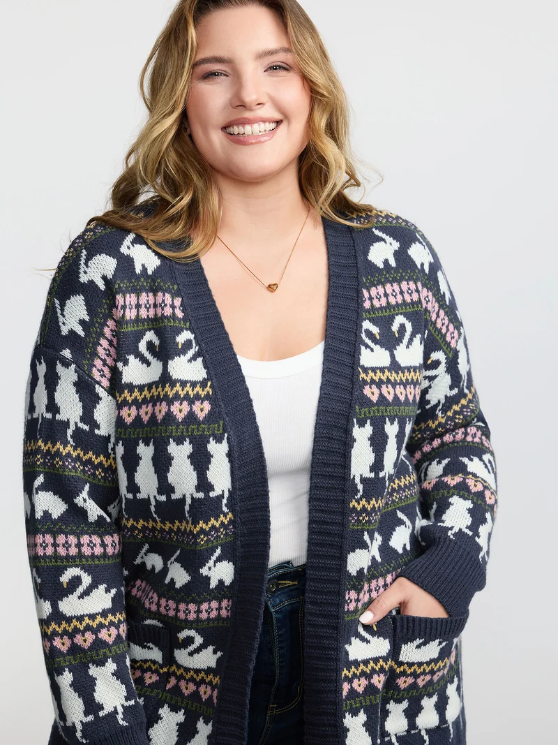 Animal Jacquard Pattern Pockets Knit Cardigan