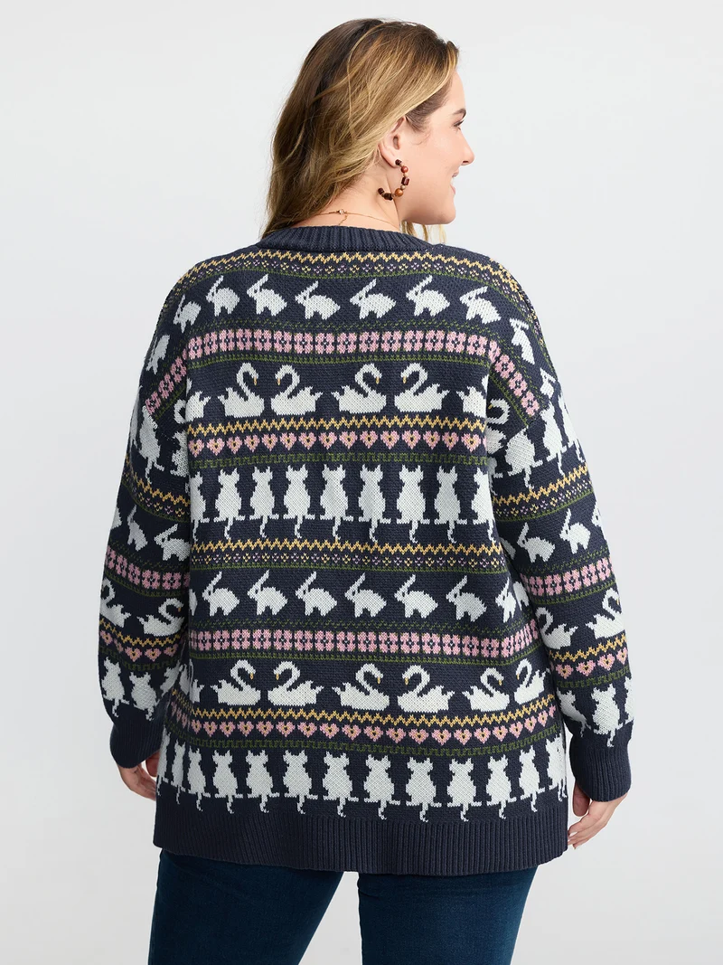 Animal Jacquard Pattern Pockets Knit Cardigan