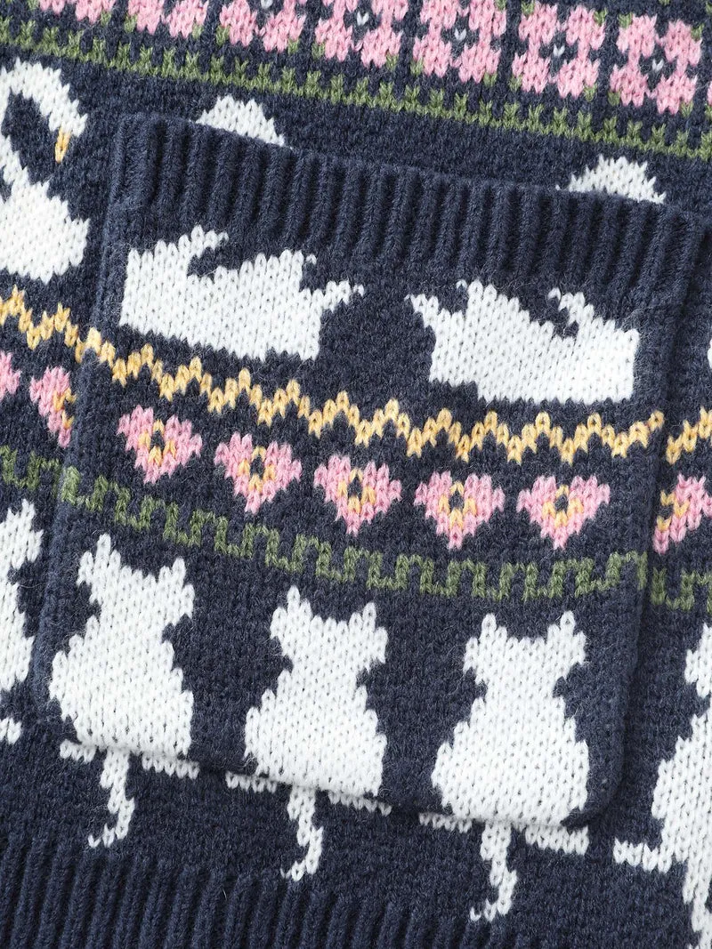 Animal Jacquard Pattern Pockets Knit Cardigan