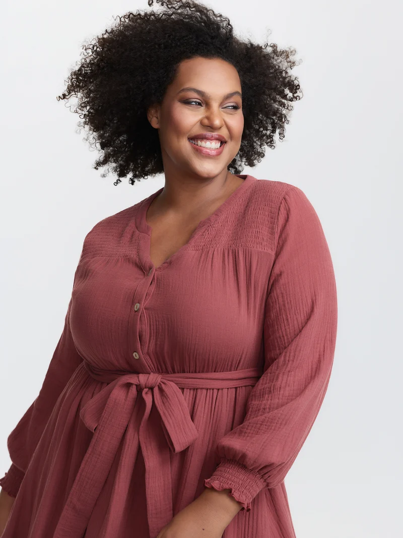 Cotton Textured Belted Pockets Maxi Dress