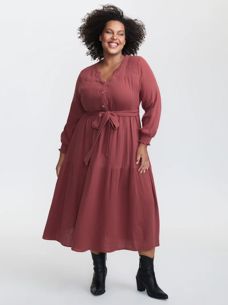 Cotton Textured Belted Pockets Maxi Dress