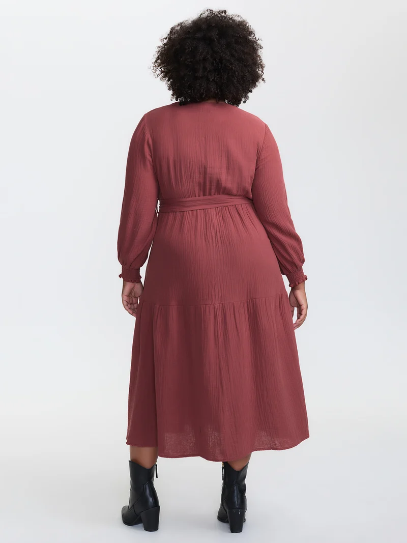 Cotton Textured Belted Pockets Maxi Dress