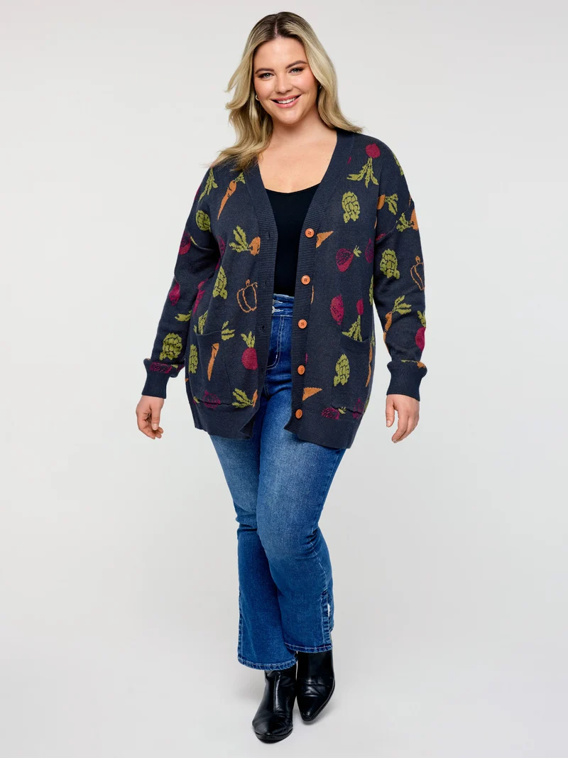 Vegetable Print Buttons Colorful Knit Cardigan